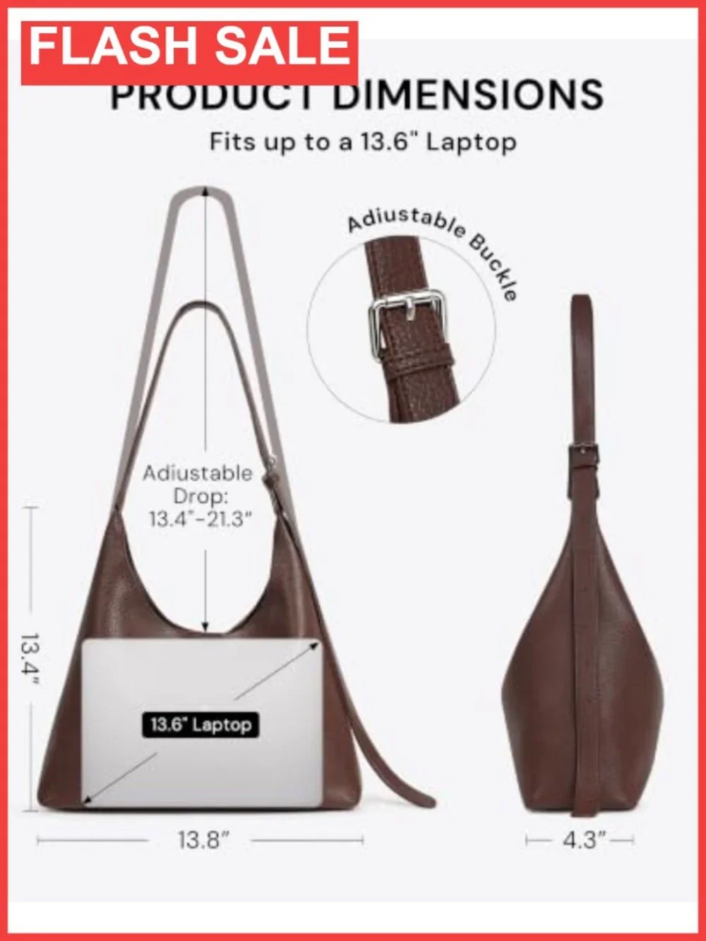 Large Slouchy Hobo Shoulder Bag Soft Vegan Leather Fits 13.6